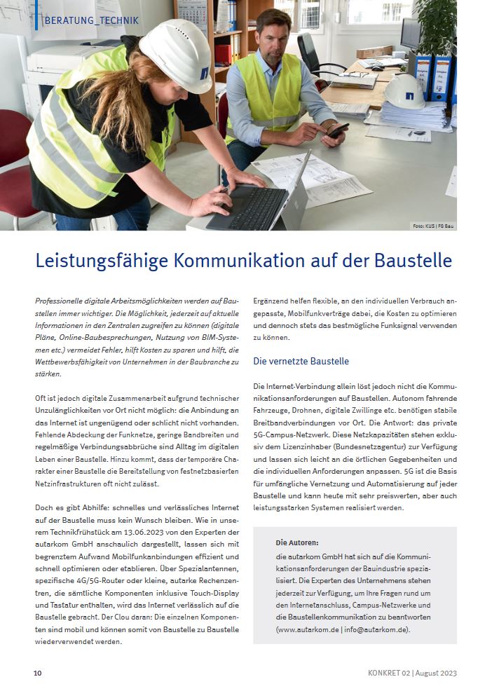 Fachbeitrag 'Leistungsfähige Kommunikation auf der Baustelle' in der Migliederzeitrschift konkret der FG Bau